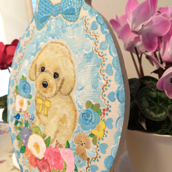トールペイントハンドメイド☆トイプードル 水色花リース 犬ペット絵 表札看板プレゼントに！うちの子オーダー受付ます！ 4枚目の画像