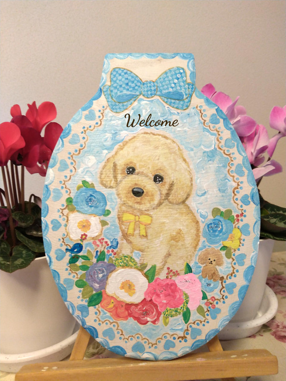 トールペイントハンドメイド☆トイプードル 水色花リース 犬ペット絵 表札看板プレゼントに！うちの子オーダー受付ます！ 1枚目の画像