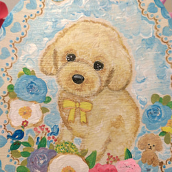 トールペイントハンドメイド☆トイプードル 水色花リース 犬ペット絵 表札看板プレゼントに！うちの子オーダー受付ます！ 2枚目の画像