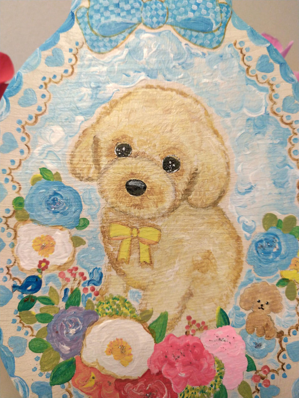 トールペイントハンドメイド☆トイプードル 水色花リース 犬ペット絵 表札看板プレゼントに！うちの子オーダー受付ます！ 2枚目の画像