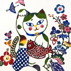 【日本国内送料無料】手染め紅型/招き猫のスクエアファブリックパネル/30cm×30cm/右手緑ハチワレ 2枚目の画像