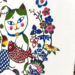 【日本国内送料無料】手染め紅型/招き猫のスクエアファブリックパネル/30cm×30cm/右手緑ハチワレ 4枚目の画像