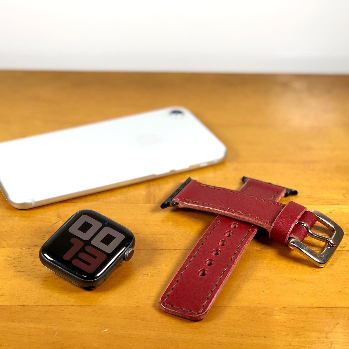 ※受注製作【apple Watch】 レザーバンド 栃木レザーヌメ革 ワインレッド【アップルウォッチ】レザーベルト