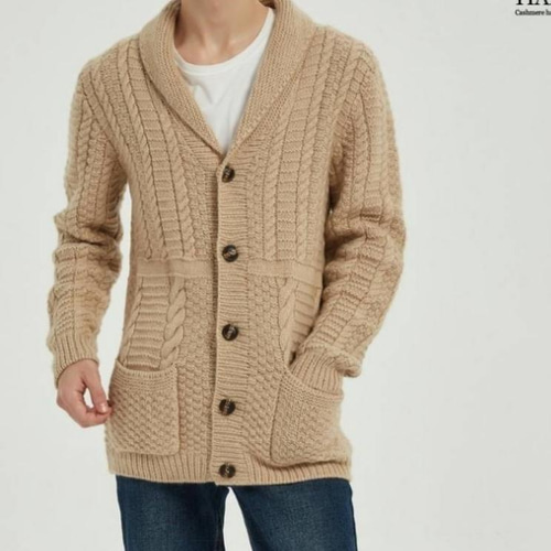 100%カシミヤ 手編み 青果襟厚手メンズレトロボタンカーディガン厚手