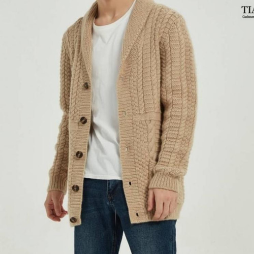 100%カシミヤ 手編み 青果襟厚手メンズレトロボタンカーディガン厚手