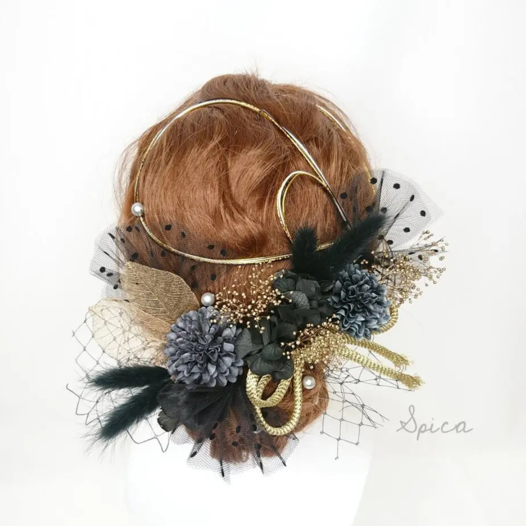 水引とチュールとマム 成人式 卒業式 ドライフラワー 袴 和装 髪飾り ヘッドドレス ゴールド 黒 プリザーブドフラワー