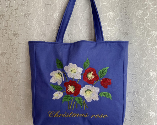 クリスマスローズ刺繍のマチ付き小さめトートバッグ トートバッグ