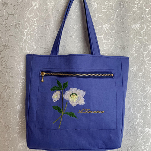 クリスマスローズ刺繍のマチ付き小さめトートバッグ トートバッグ