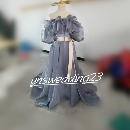 カラードレス ブルーグレー シルバー フリルオフショルダー