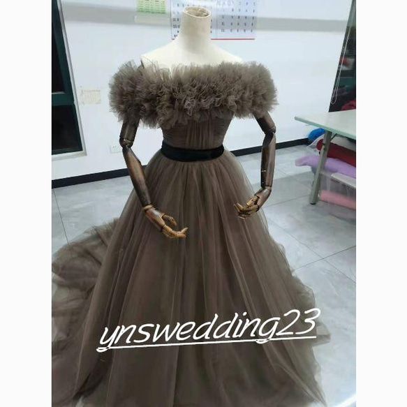 カラードレス ブラウン ソフトチュール ロングトレーン 取り外しオフ  