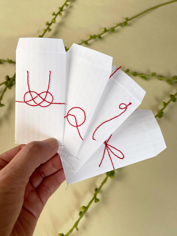 赤い糸のポチ袋＊四つのキモチ…雪見刺し子（4枚セット） 2枚目の画像