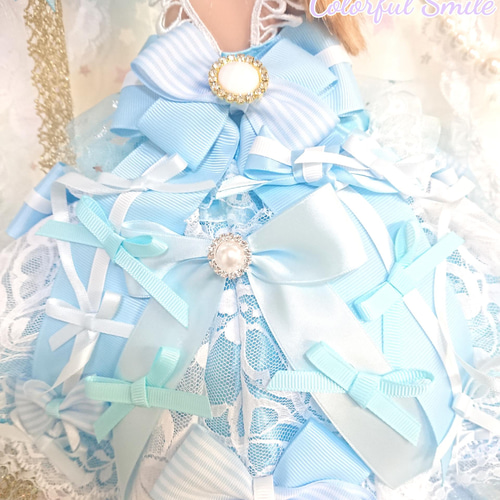 22㎝ドール用☆リボンたっぷり水色お姫様ドレス(3点セット