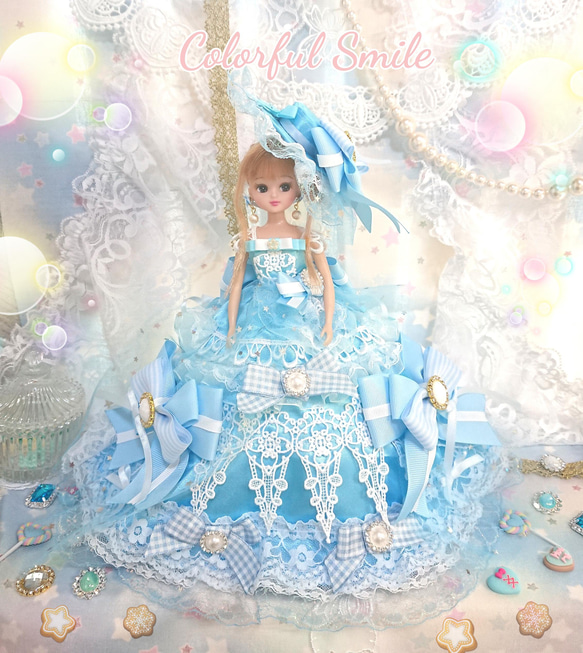 22㎝ドール用☆リボンたっぷり水色お姫様ドレス(3点セット
