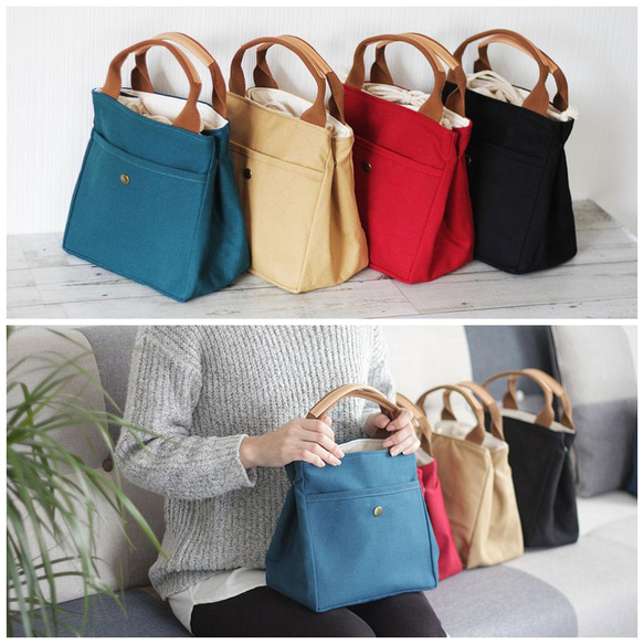 帆布のランチバッグにもなる巾着バッグ 本革持ち手 ヌメ革 ミニトート ミニバッグ 推し色 B-276 2枚目の画像