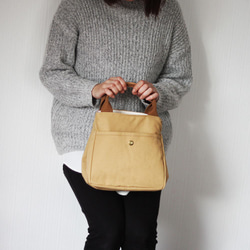 帆布のランチバッグにもなる巾着バッグ 本革持ち手 ヌメ革 ミニトート ミニバッグ 推し色 B-276 10枚目の画像