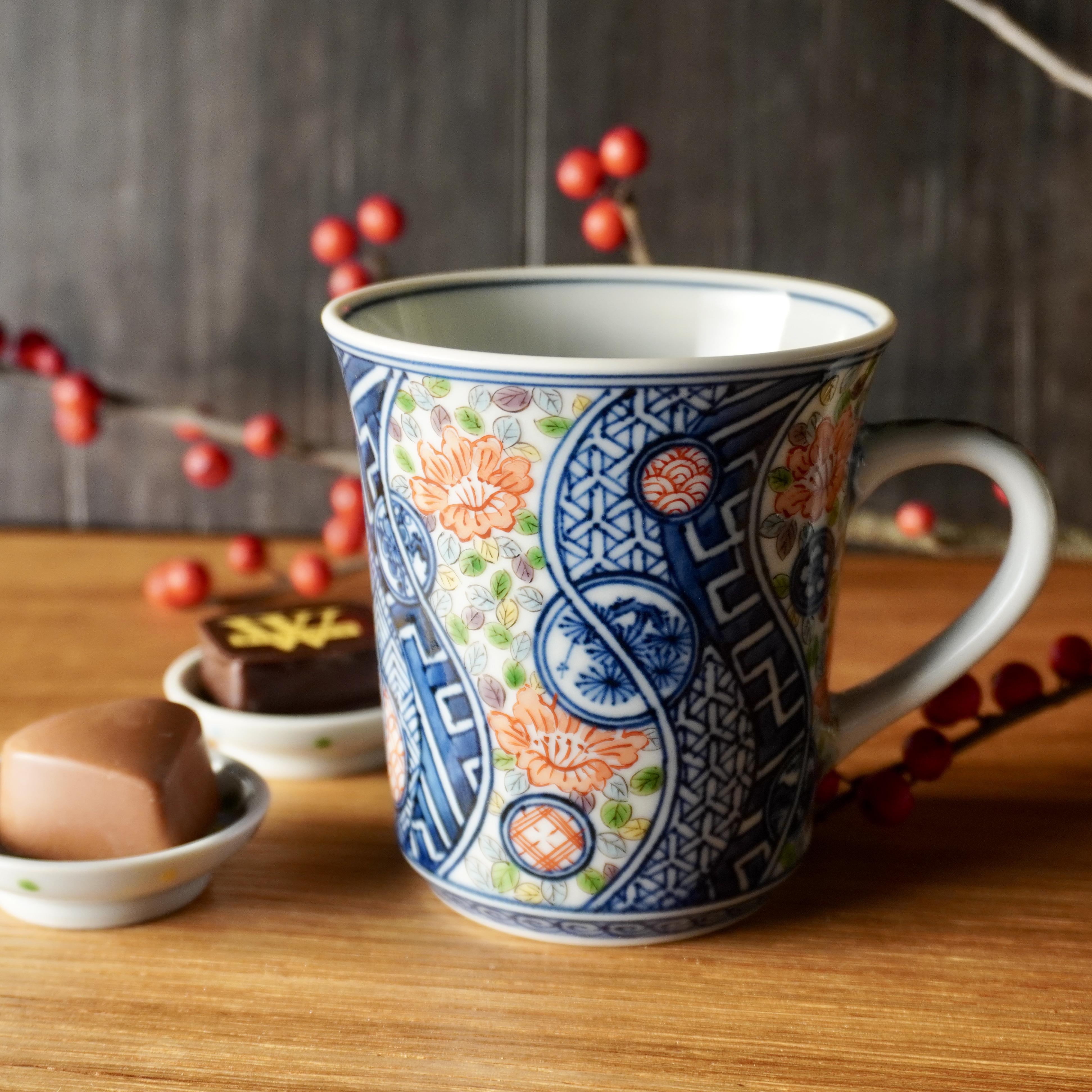 【再販】木の葉花紋祥瑞マグカップ　容量約270ml(満水時)