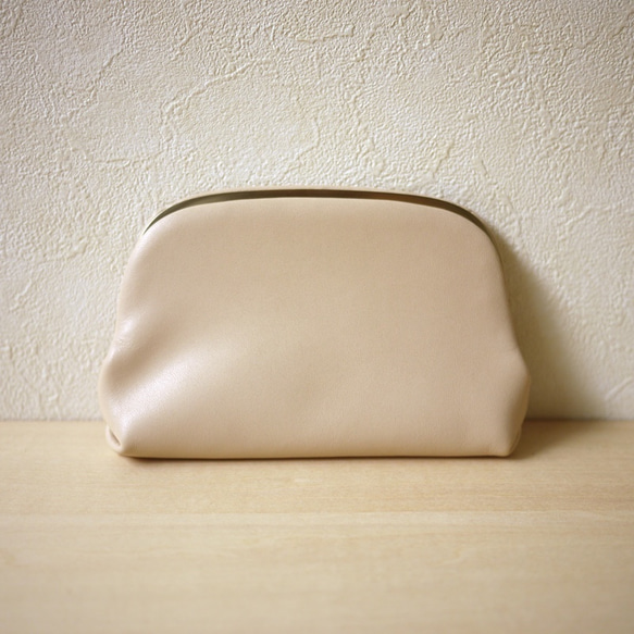 【受注制作・裏地&口金色が選べます】カード＆コインケース《押し口財布 Sサイズ》レザー　ライトベージュ 1枚目の画像