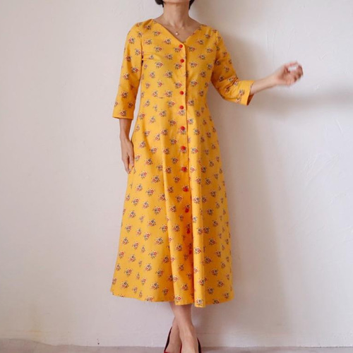 アンティーク ビンテージ 80s 花柄 総柄 黄色 黒 ワンピース 美品 希少 USA製 〜80年代 80s 花柄 総柄 ボタニカル レース襟 長袖