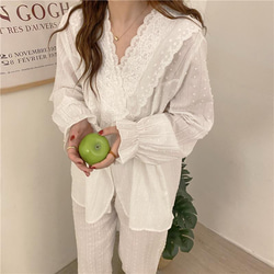 韓国ファッション　ドットレースパジャマ　ホワイト  -9046 6枚目の画像