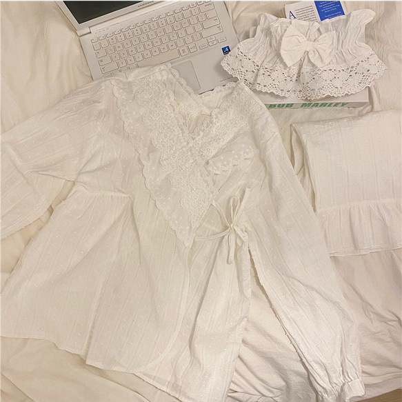 韓国ファッション　ドットレースパジャマ　ホワイト  -9046 4枚目の画像