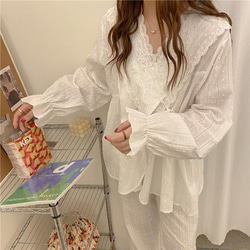 韓国ファッション　ドットレースパジャマ　ホワイト  -9046 14枚目の画像