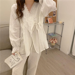 韓国ファッション　ドットレースパジャマ　ホワイト  -9046 13枚目の画像