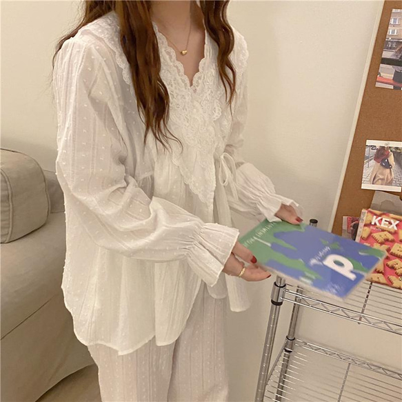 韓国ファッション　ドットレースパジャマ　ホワイト  -9046 7枚目の画像