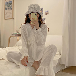 韓国ファッション　ドットレースパジャマ　ホワイト  -9046 10枚目の画像