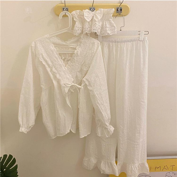 韓国ファッション　ドットレースパジャマ　ホワイト  -9046 12枚目の画像
