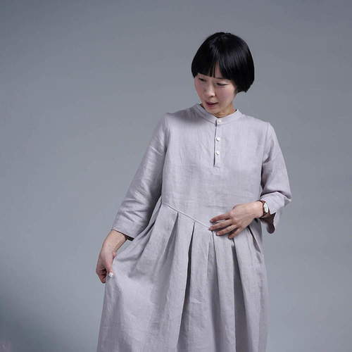 wafu】Linen Dress スタンドカラー 鍵盤タック ワンピース / 灰桜(は