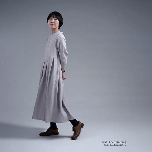 wafu】Linen Dress スタンドカラー 鍵盤タック ワンピース / 灰桜(は