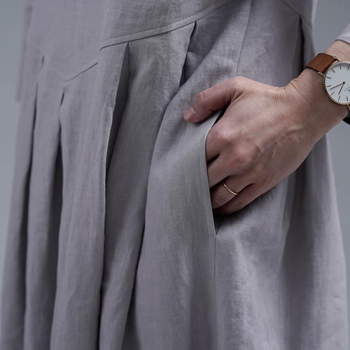 wafu】Linen Dress スタンドカラー 鍵盤タック ワンピース / 灰桜(は