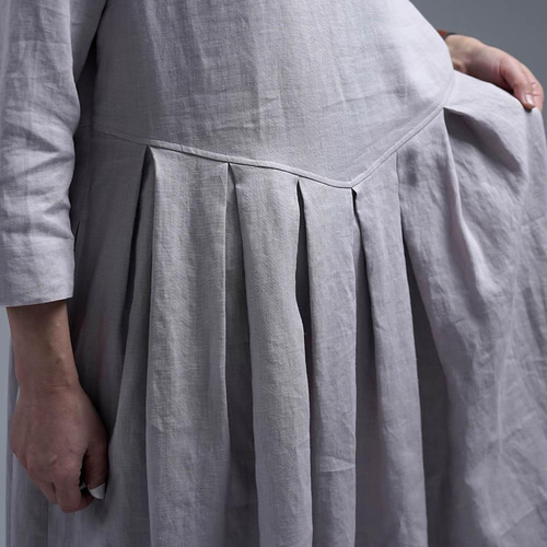 wafu】Linen Dress スタンドカラー 鍵盤タック ワンピース / 灰桜(は