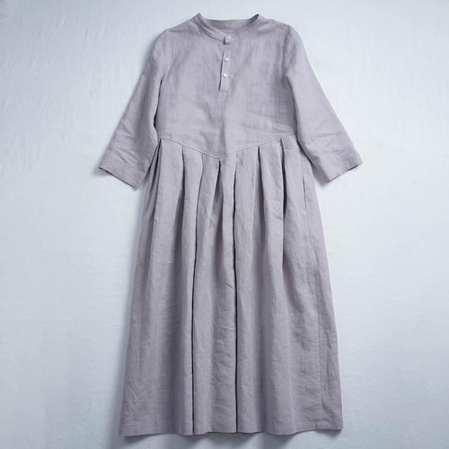 wafu】Linen Dress スタンドカラー 鍵盤タック ワンピース / 灰桜(は