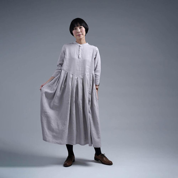 wafu】Linen Dress スタンドカラー 鍵盤タック ワンピース / 灰桜(は