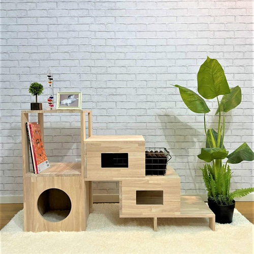 木製階段キャットタワー【低め 小さめ おしゃれ 階段 シェルフ