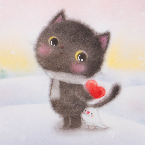 絵画。原画手描き【雪が降る冬、かわいい犬と猫の楽しい写真記念】 雪犬戯舞 - 柴犬・豆柴犬 No.4】黒柴・クリスマス・冬・雪だるま