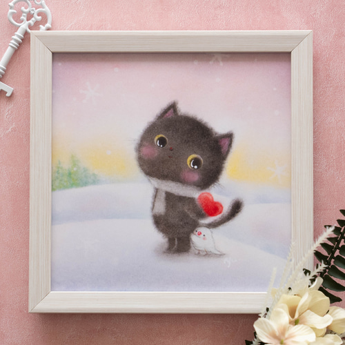 絵画。原画手描き【雪が降る冬、かわいい犬と猫の楽しい写真記念】 雪犬戯舞 - 柴犬・豆柴犬 No.5】黒柴・クリスマス・冬・雪だるま