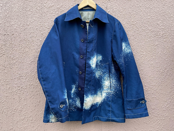藍染めチェスタージャケット「龍雲」抜染 濃淡染め技法 『一点物』 11枚目の画像
