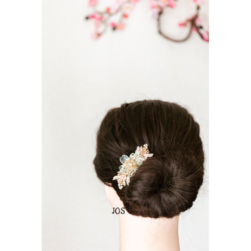 天然石フローライトの桜 バレッタ\ヘアクリップ グリーン 桜
