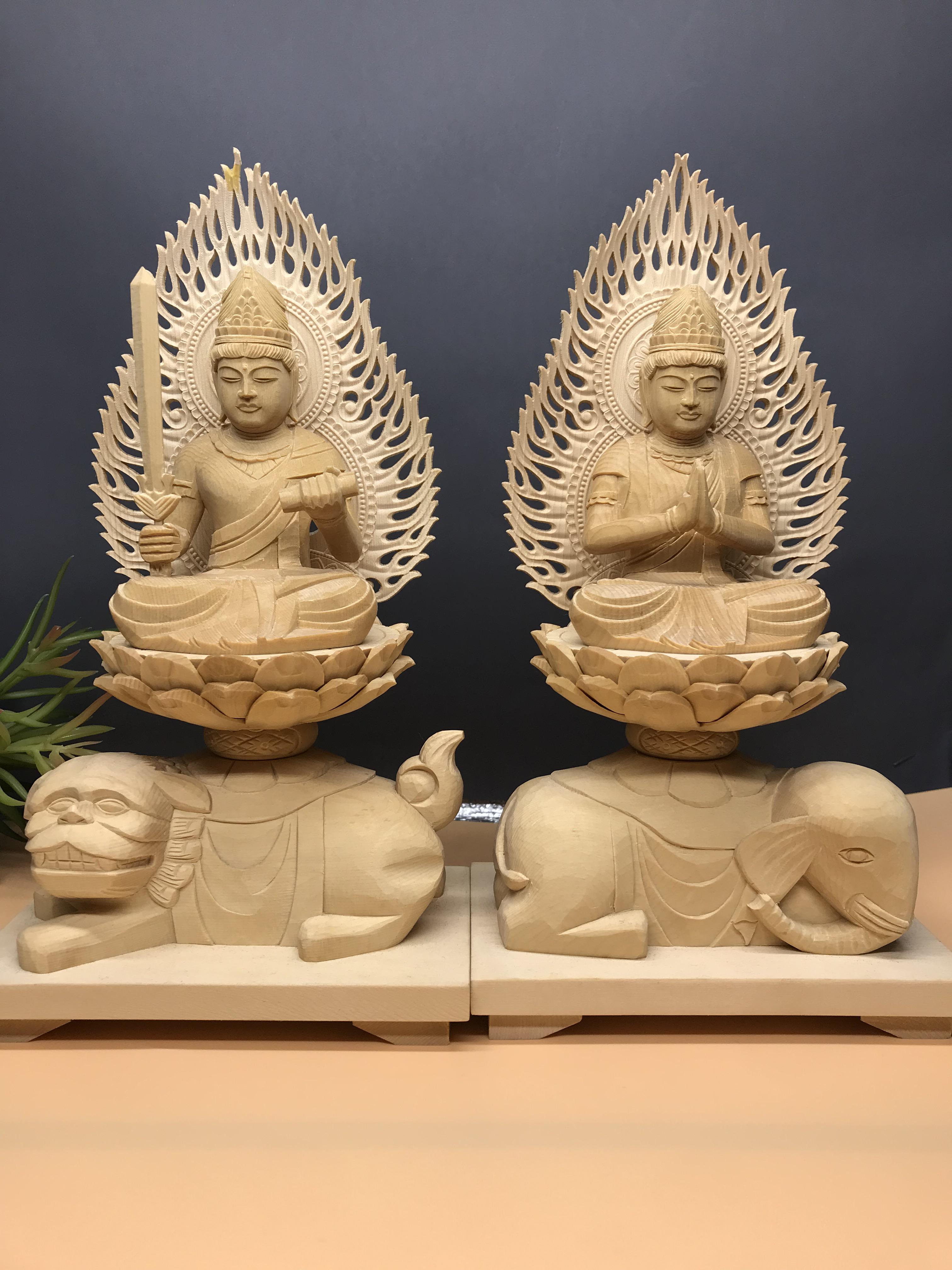 年末の在庫一掃処理 特上彫 大迫力 文殊菩薩 普賢菩薩一式 木彫