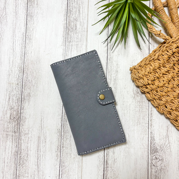 新色♪スマホケース 手帳型 レザークラフト 本革 グレー 灰色 iPhone