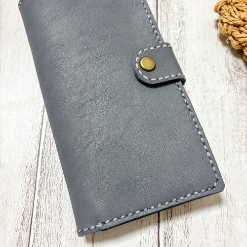 新色♪スマホケース 手帳型 レザークラフト 本革 グレー 灰色 iPhone