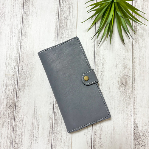 新色♪スマホケース 手帳型 レザークラフト 本革 グレー 灰色 iPhone