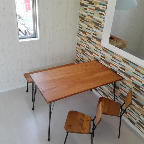 鉄脚テーブル 70x100x高さ60cm カフェ風 無垢 アイアン