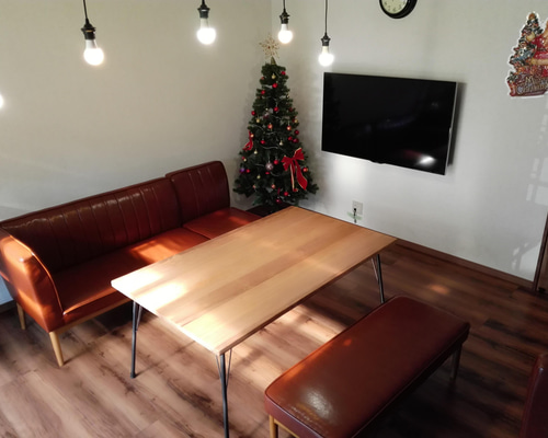 鉄脚テーブル 70x100x高さ60cm カフェ風 無垢 アイアン
