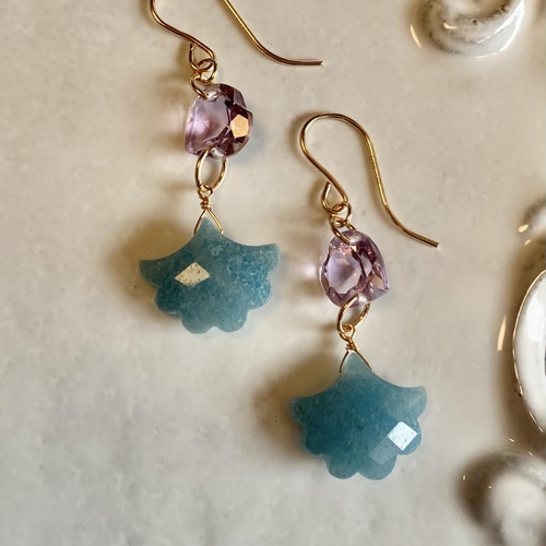 送料無料】14kgf 天然石 トロレアイトとピンクアメジストのピアス  