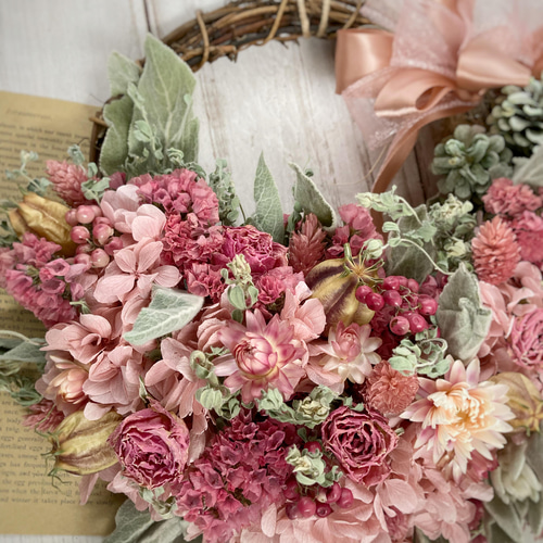 プレゼントに最適☆ちょっと大人可愛いピンクリース:ドライフラワー