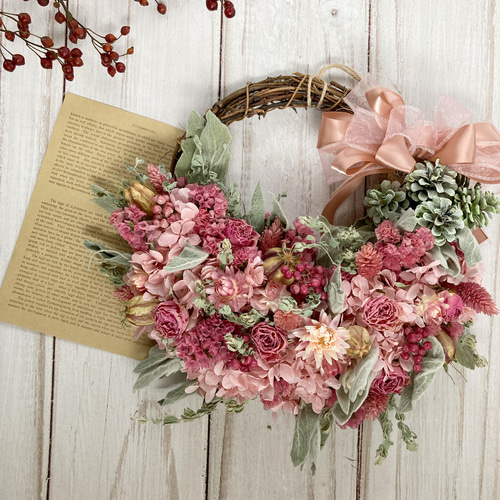 ◆ドライフラワーリース◆モーブピンク◇ナチュラル プレゼントに最適☆ちょっと大人可愛いピンクリース:ドライフラワー