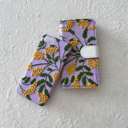 手帳型　刺繍のミモザ咲き誇るiPhoneケース 4枚目の画像